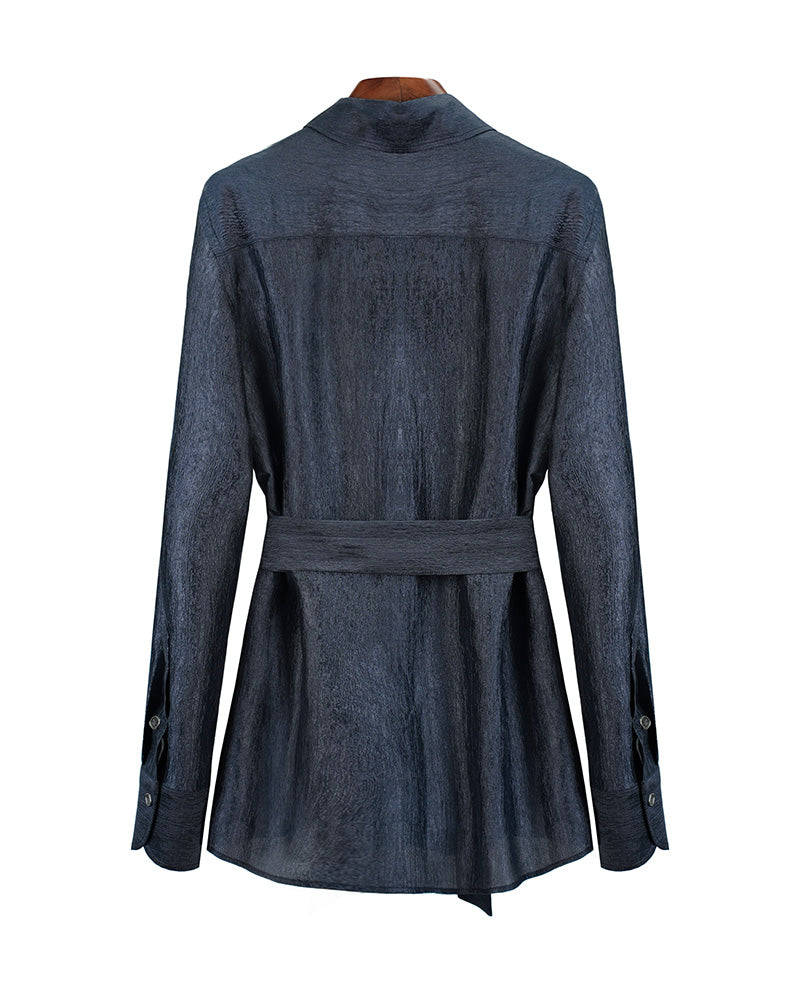 Navy Blouse with Self-Tie Ribbon Detail