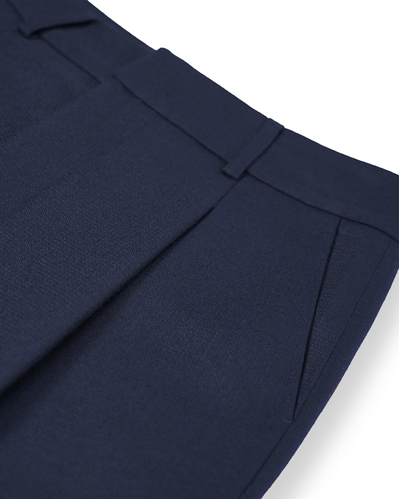 Women Wool Tailored Pleated Palazzo Pants Navy Rolled Cuff Work Trousers