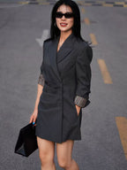 Women’s Dark Grey Asymmetric Oblique Placket Waist-Cinching Long Blazer Dress