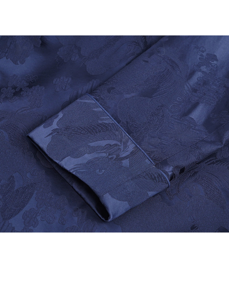 Oriental-Inspired Jacquard Coat in Blue