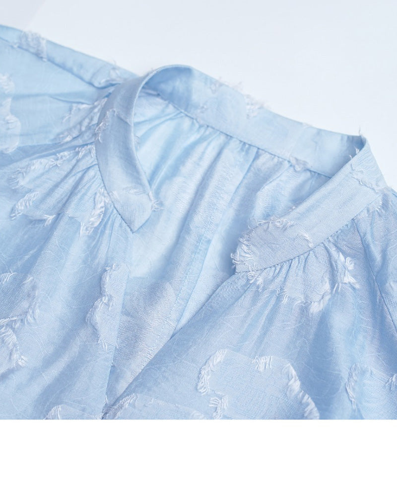 Sky Blue V-Neck Shirred Oversized Blouse Suitpure