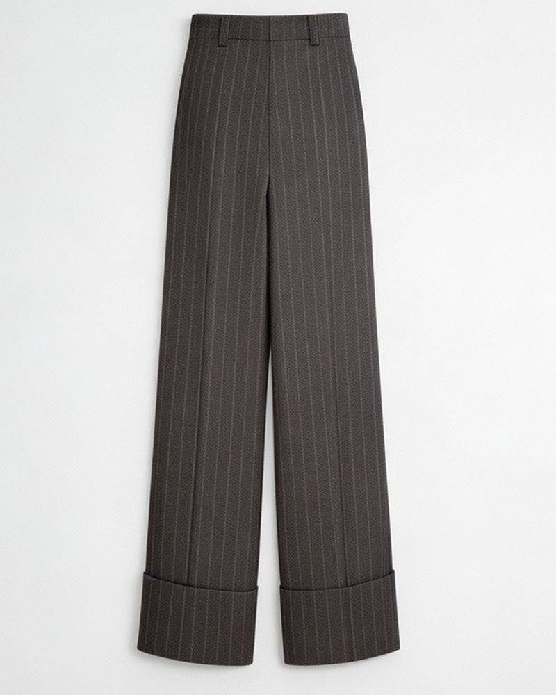 Dark Brown Wide Stripe Wool High-Rise Easy Wide-Leg Pants Suitpure