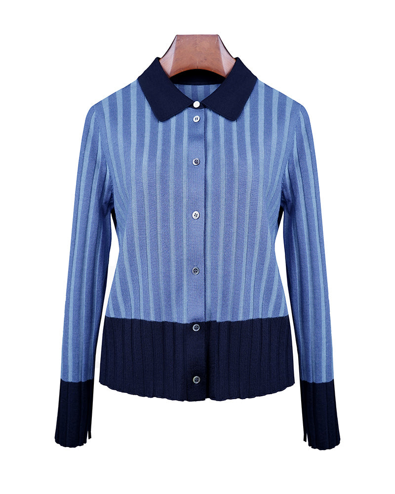 Vertical Stripe Color-Block Lapel Cardigan