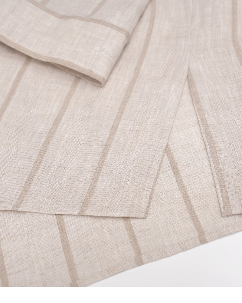 Dew-Retted Linen Striped 3/4 Sleeve Relaxed Blouse Suitpure