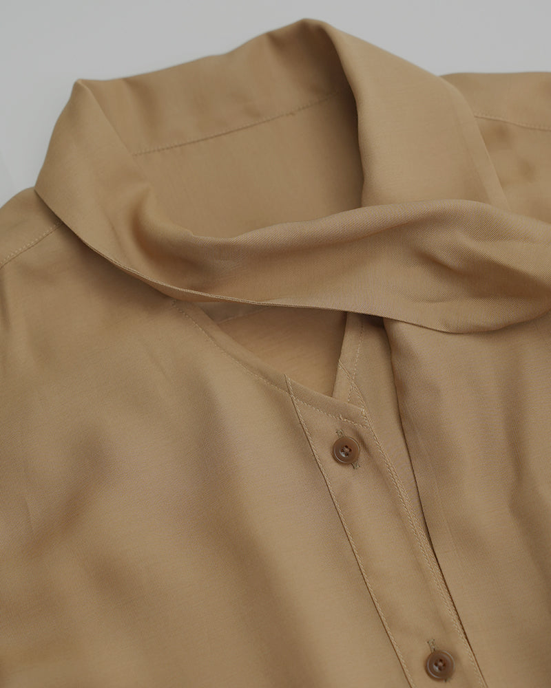 Women's Khaki Bow Tie Neck Silk Tencel & Polyamide Blouse