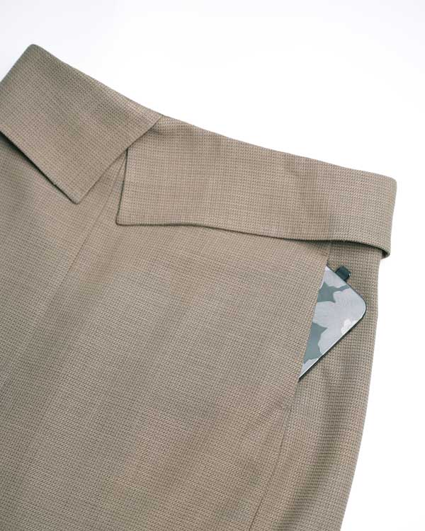Women's Textured Taupe Fold Over Collar Waist Midi Pencil Skirt