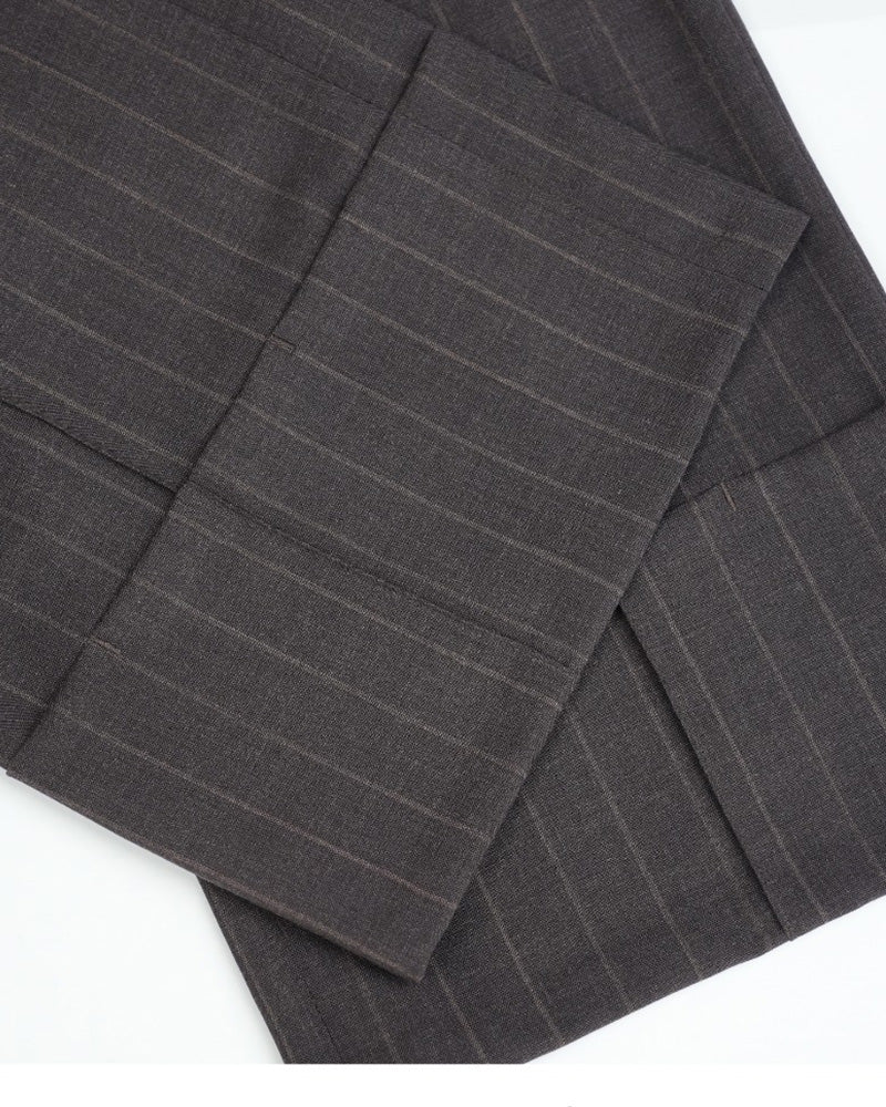 Dark Brown Wide Stripe Wool High-Rise Easy Wide-Leg Pants Suitpure
