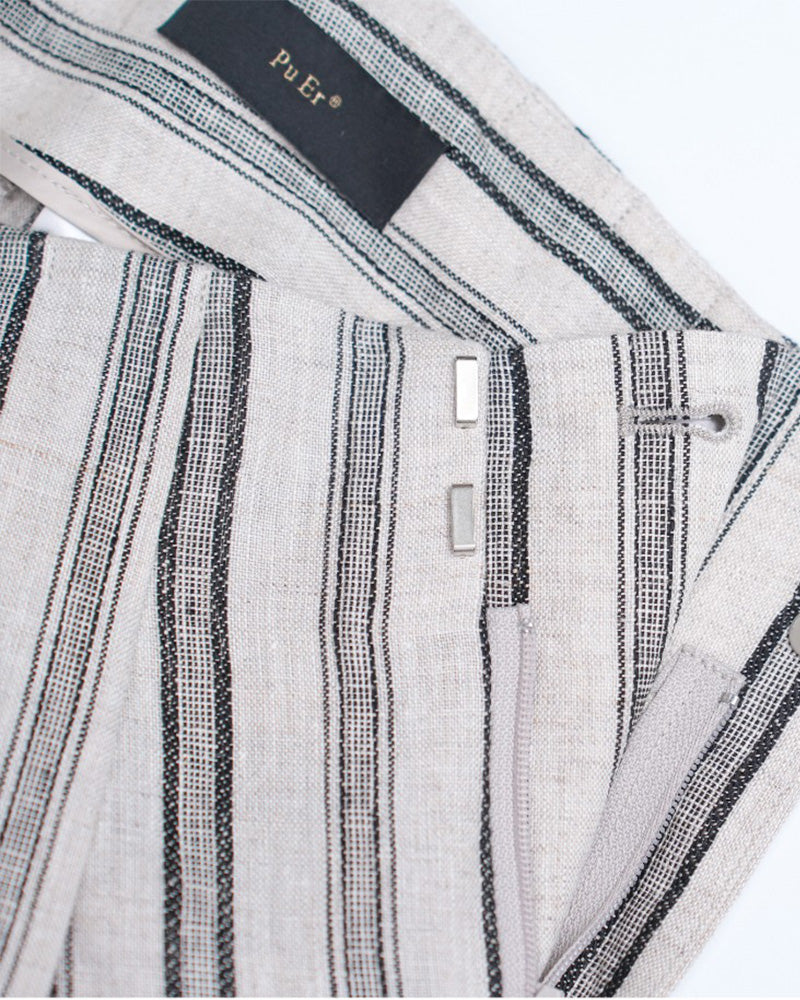 High-Waist Linen Stripe Wide Trousers | Concealed Pleats Suitpure