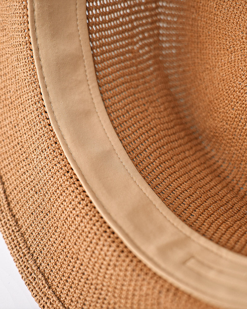 UPF 50+ Flat Brim Sun Camel Straw Boater Hat with Black Ribbon Suitpure