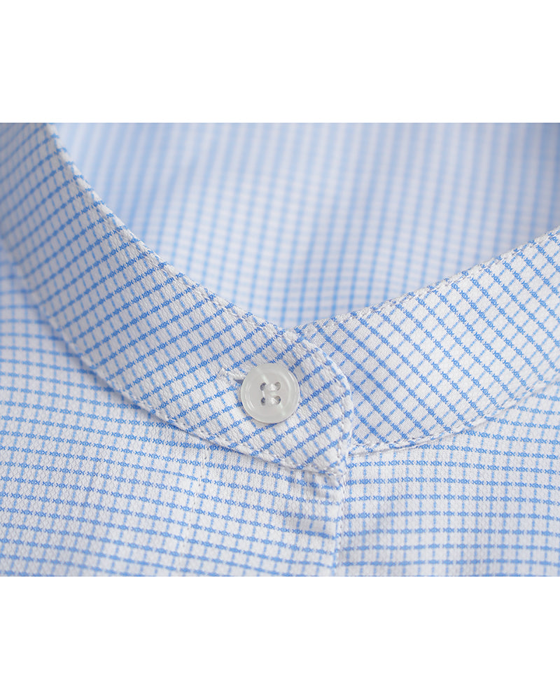 Women's Mandarin Collar Popover Shirt | 60% Cotton 20% Tencel 20% Bamboo Fiber Light Blue Micro Check Blouse