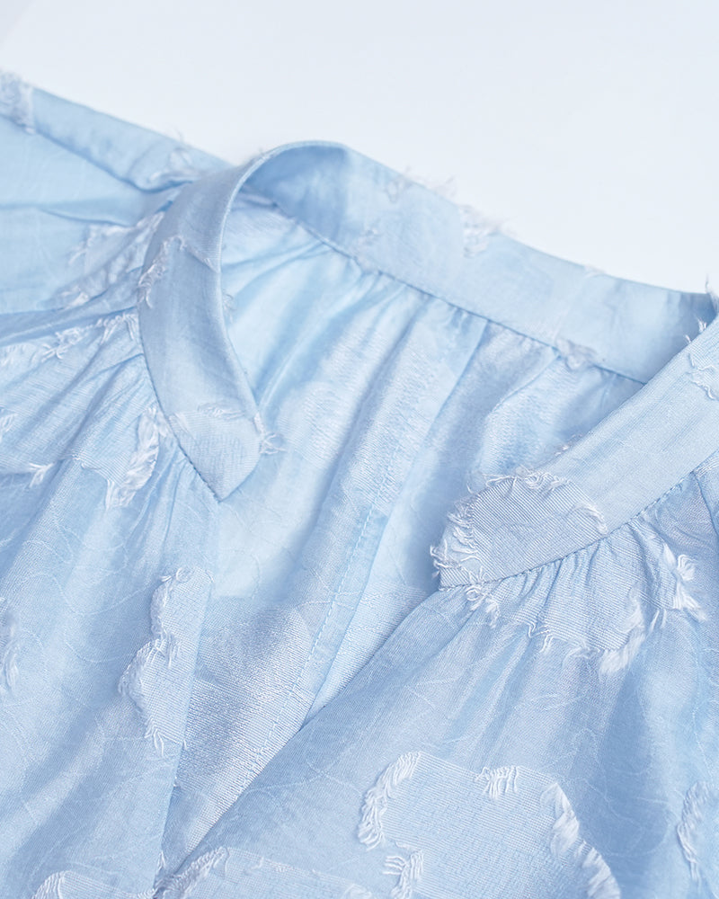 Relaxed Fit Light Blue Textured Jacquard Long Sleeve Blouse