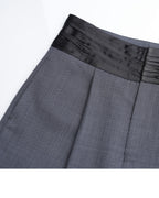 Dark Grey Prince of Wales Check Satin‑Trim Pleated Straight‑Leg Trousers | 100% Wool