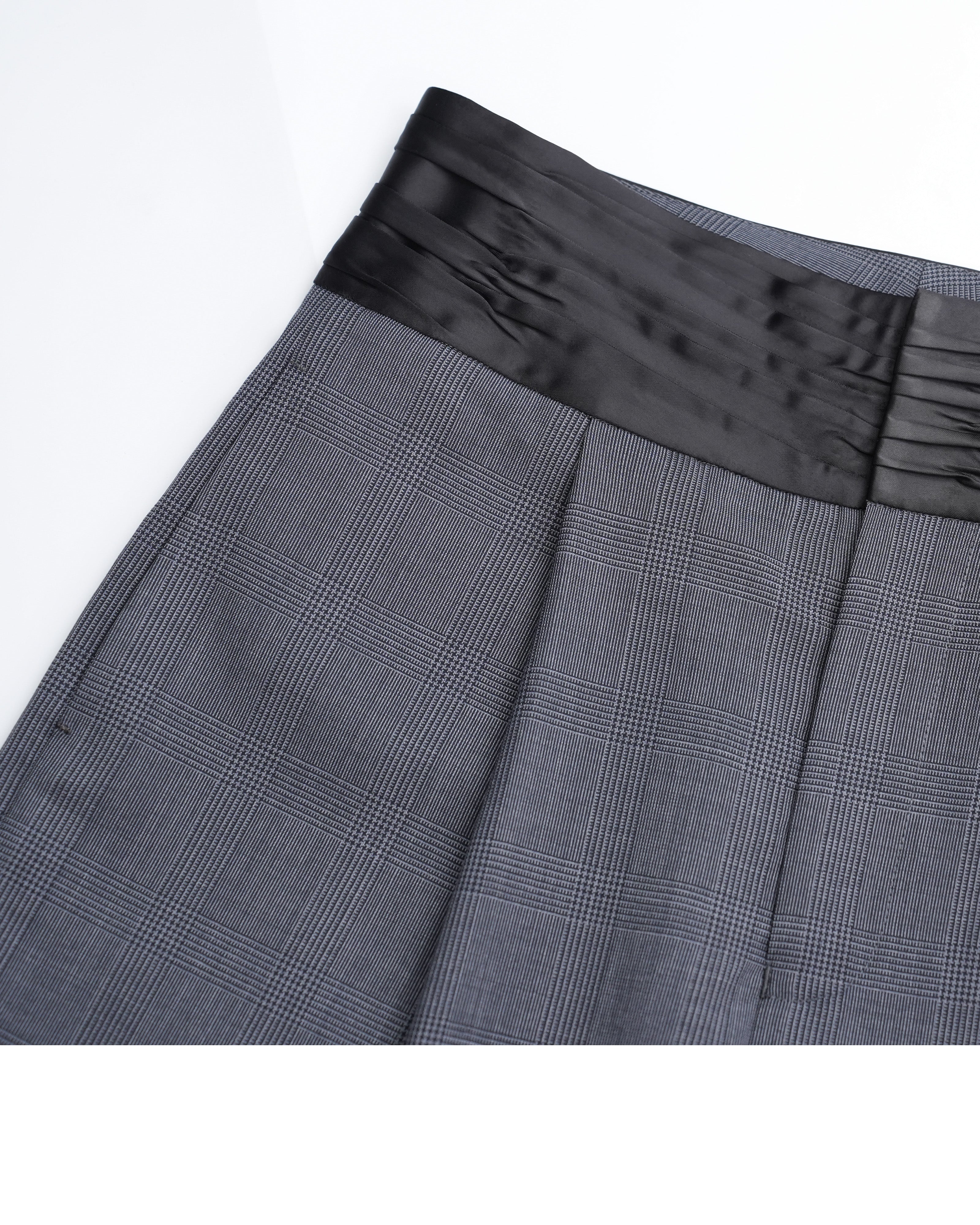 Dark Grey Prince of Wales Check Satin‑Trim Pleated Straight‑Leg Trousers | 100% Wool