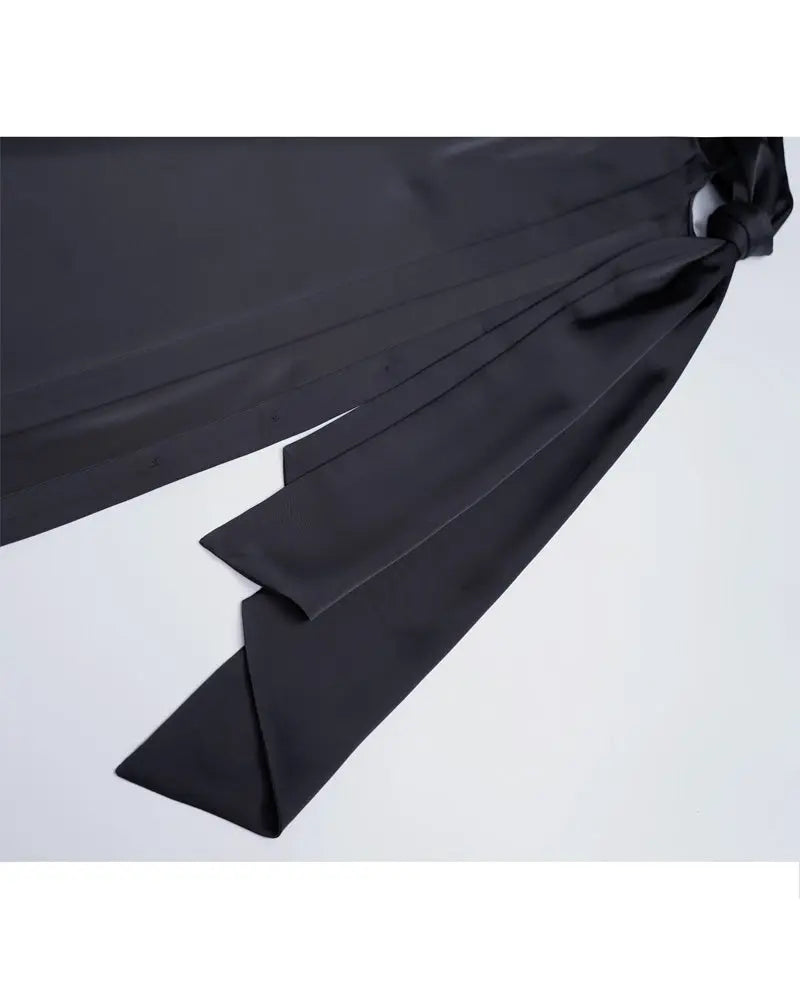 Deep Black Draped Blouse with Self-Tie Bow Detail Suitpure