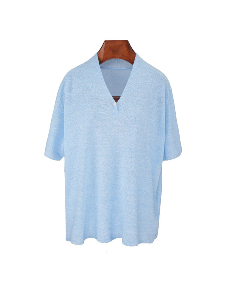 V-Neck Wool Linen Relaxed Knit Short Sleeve Top Suitpure