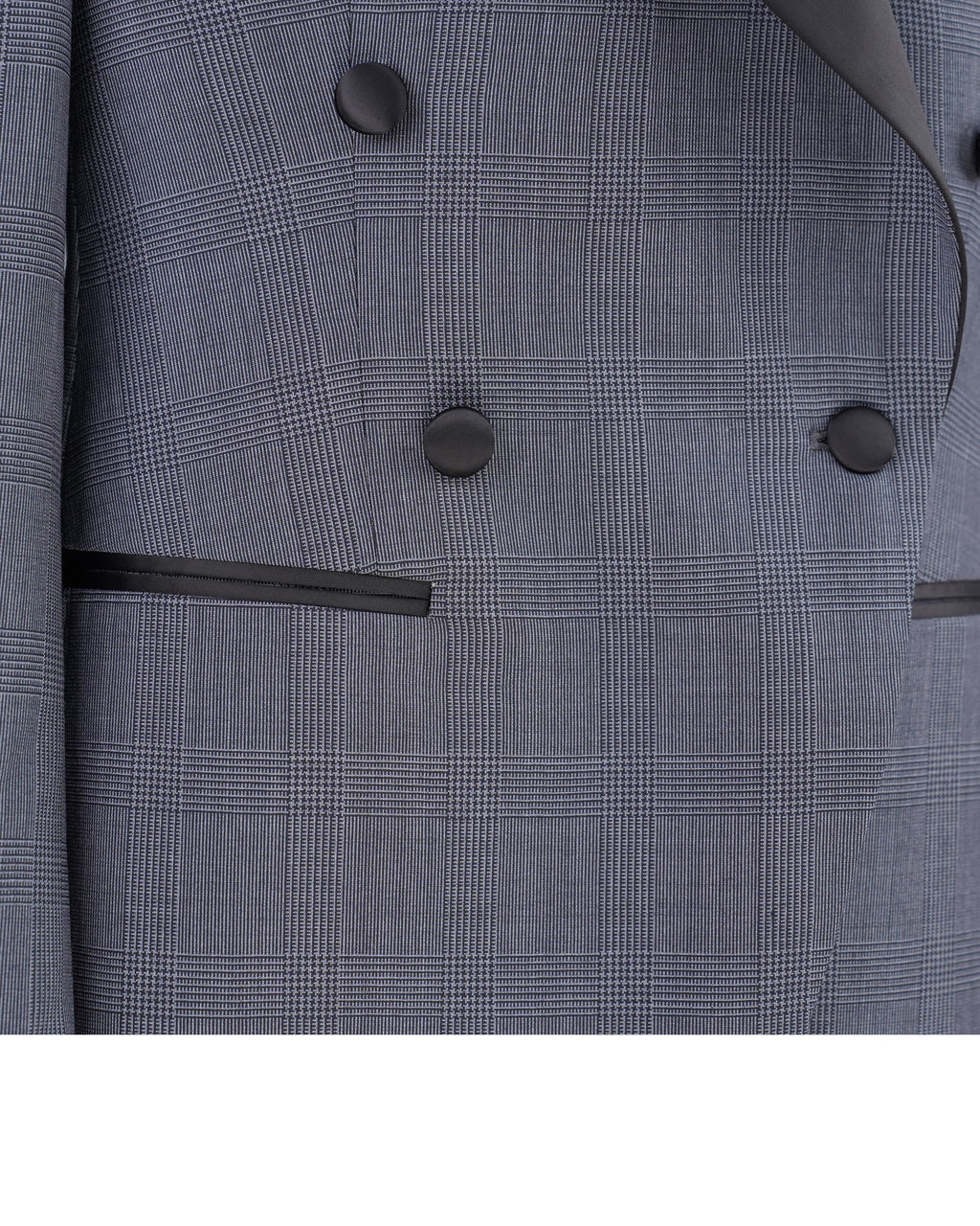 100% Wool Dark Grey Prince of Wales Check Satin‑Trimmed Formal Blazer