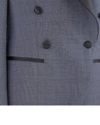 100% Wool Dark Grey Prince of Wales Check Satin‑Trimmed Formal Blazer