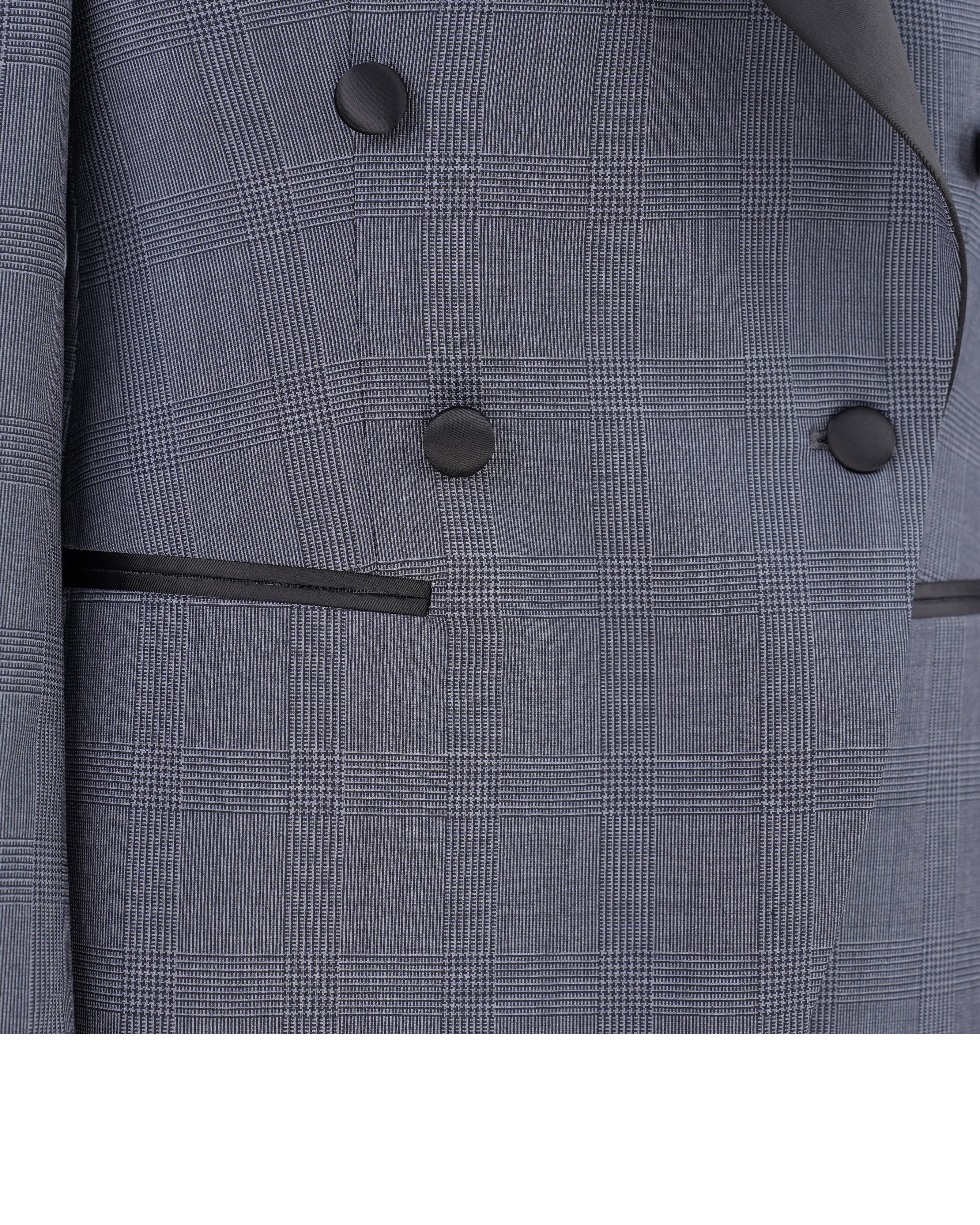 100% Wool Dark Grey Prince of Wales Check Satin‑Trimmed Formal Blazer