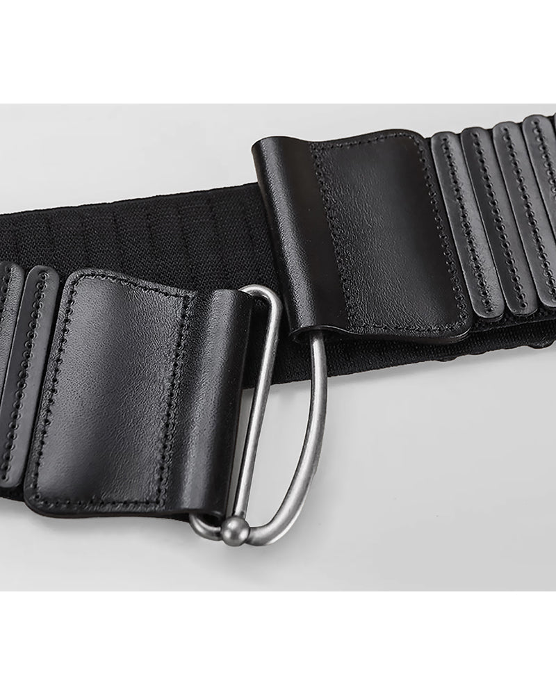 Black Wide Elastic Leather Corset Belt with Metal Hook Buckle Suitpure