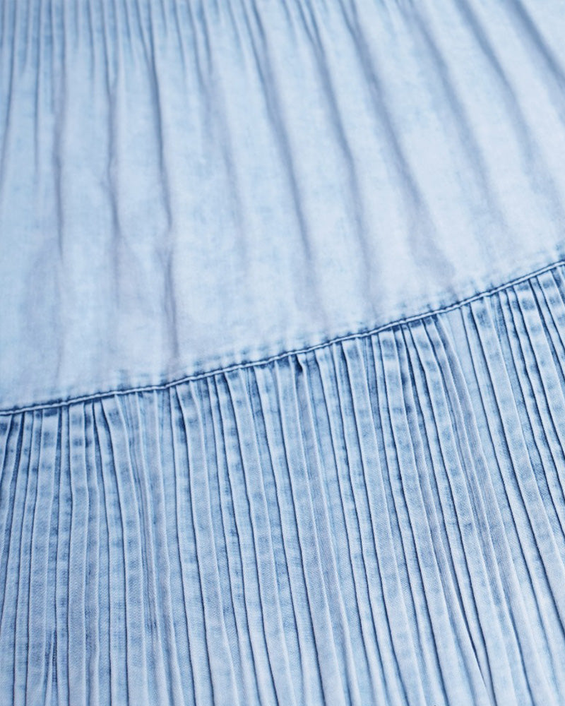 Mist Blue Ruched Denim A-Line Maxi Skirt with Elastic Waist Suitpure