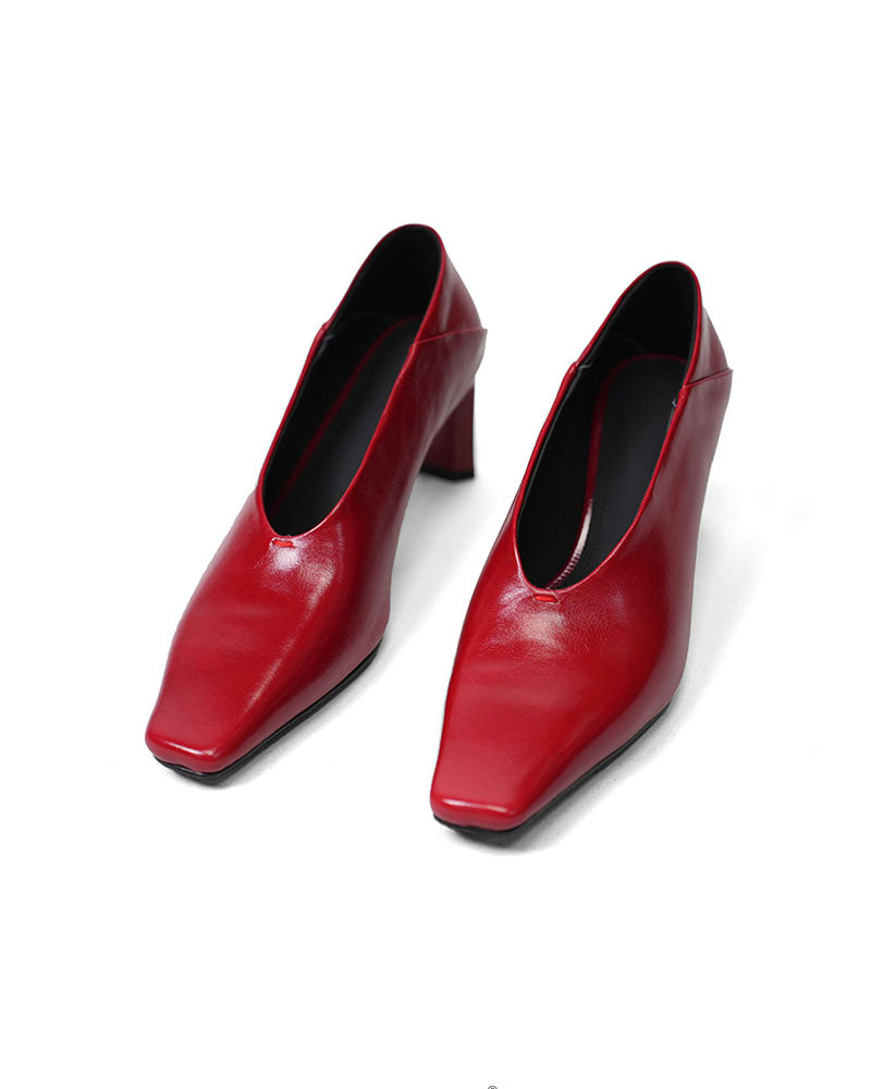 Women Bright Red Patent Leather Square Toe V Cut Block Heel Shoes Suitpure