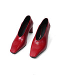 Women Bright Red Patent Leather Square Toe V Cut Block Heel Shoes Suitpure