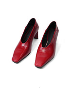 Women Bright Red Patent Leather Square Toe V Cut Block Heel Shoes Suitpure