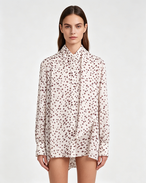 Beige Dotted Print Bow Tie Neck Long Sleeve Blouse Suitpure