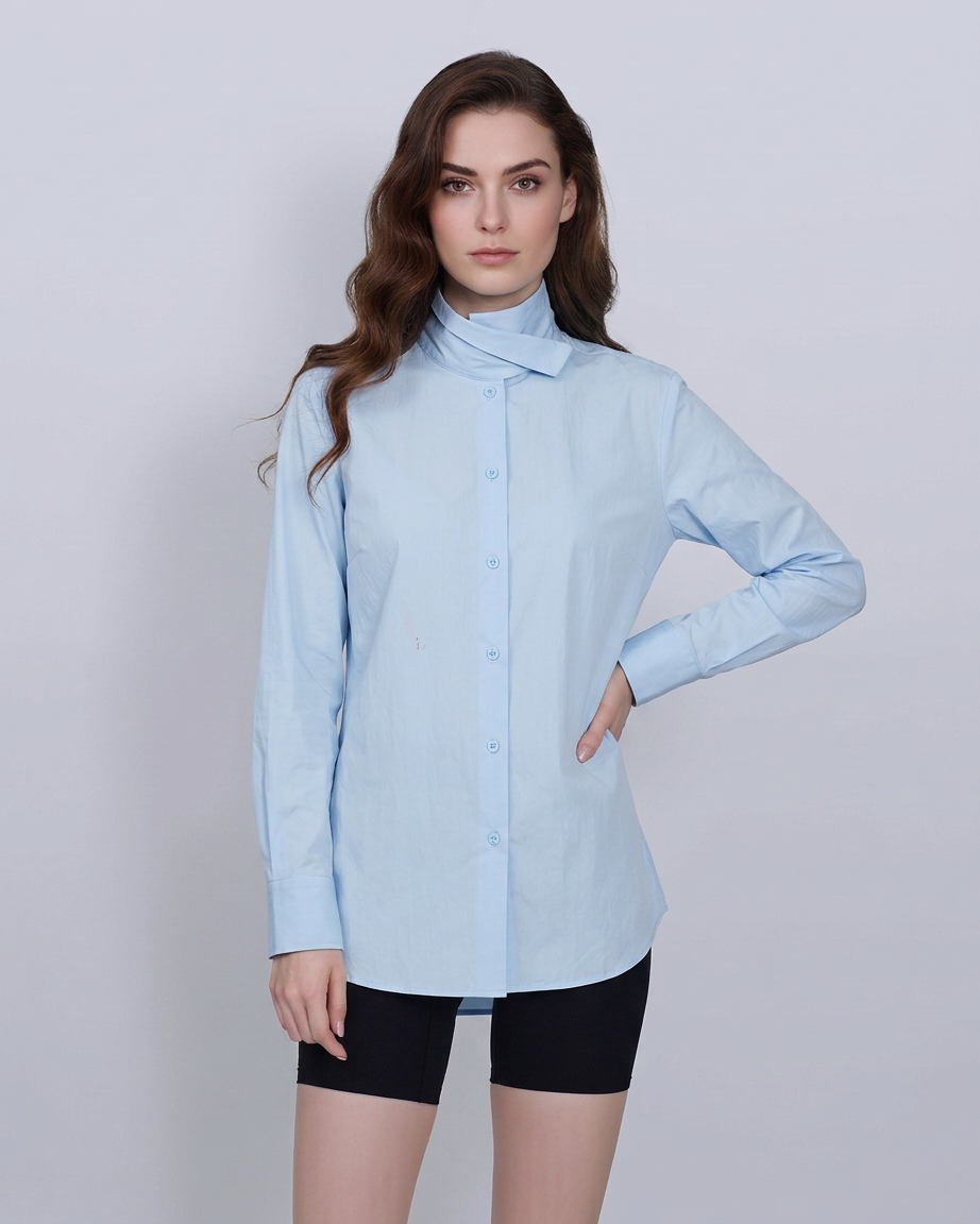 Sky Blue Textured Scarf Collar Blouse