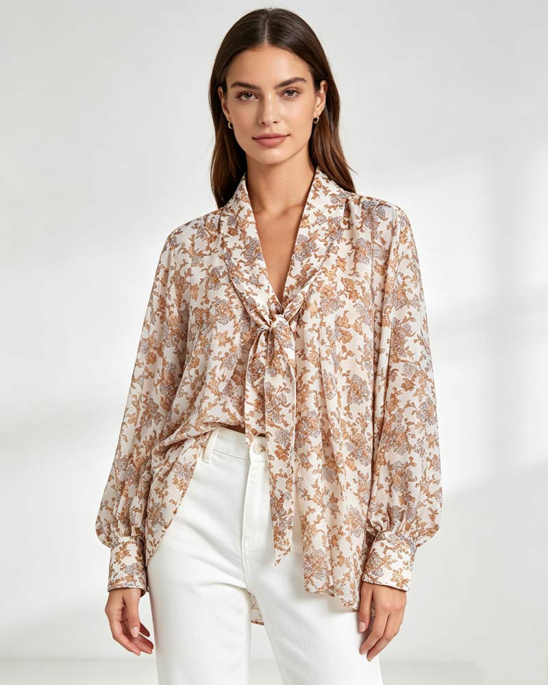 Women's Bow Tie Lantern Tencel & Viscose Floral Print Blouse Suitpure