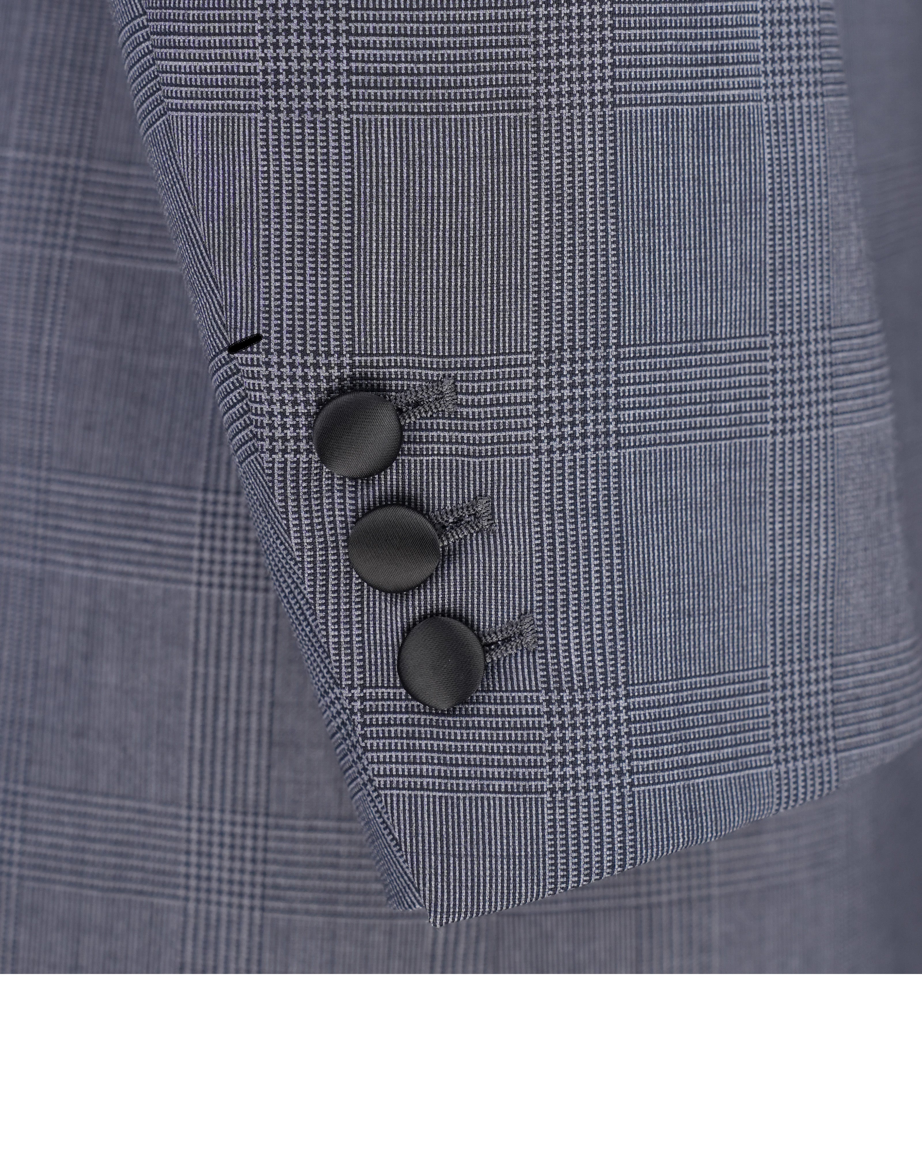 100% Wool Dark Grey Prince of Wales Check Satin‑Trimmed Formal Blazer