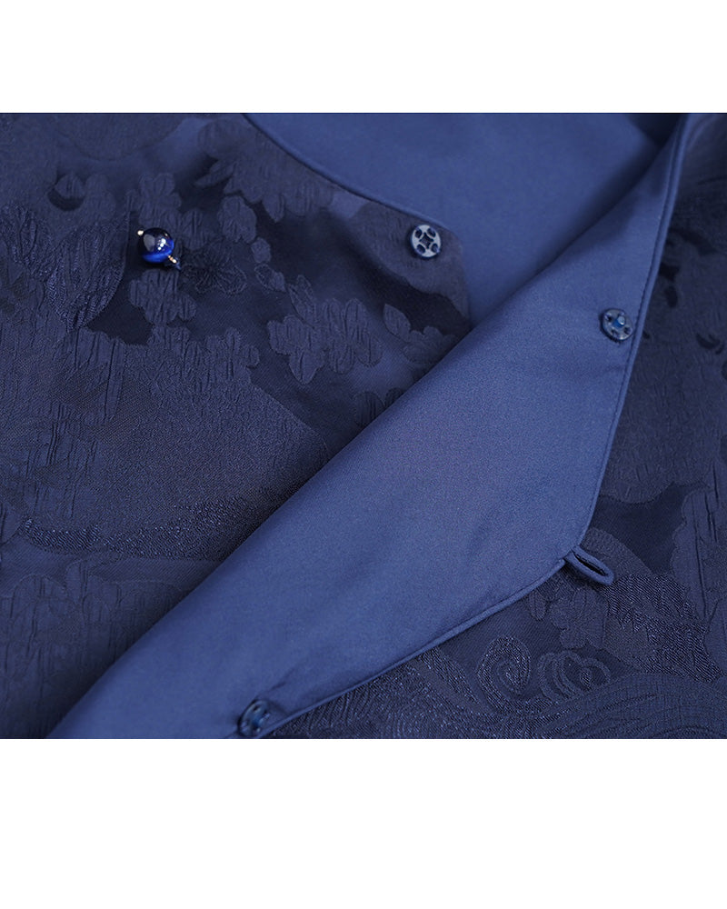 Oriental-Inspired Jacquard Coat in Blue