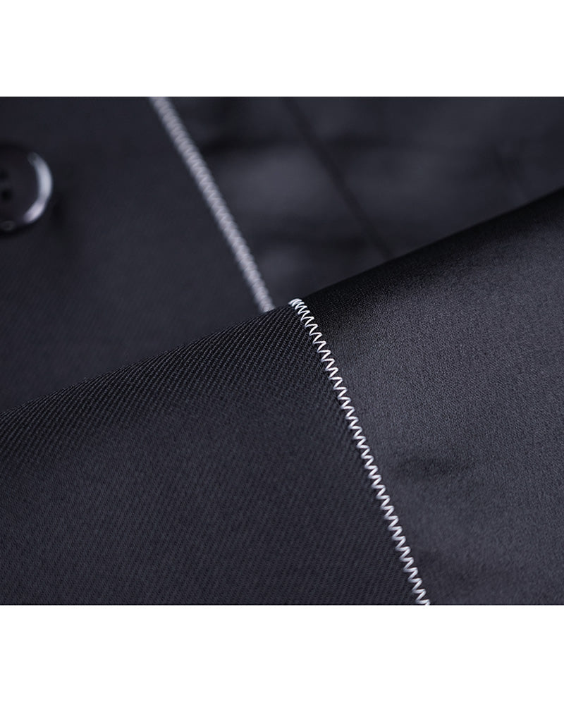 Deep Black Silk Wool Acetate Long Blazer Suitpure