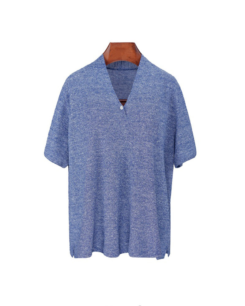 V-Neck Wool Linen Relaxed Knit Short Sleeve Top Suitpure