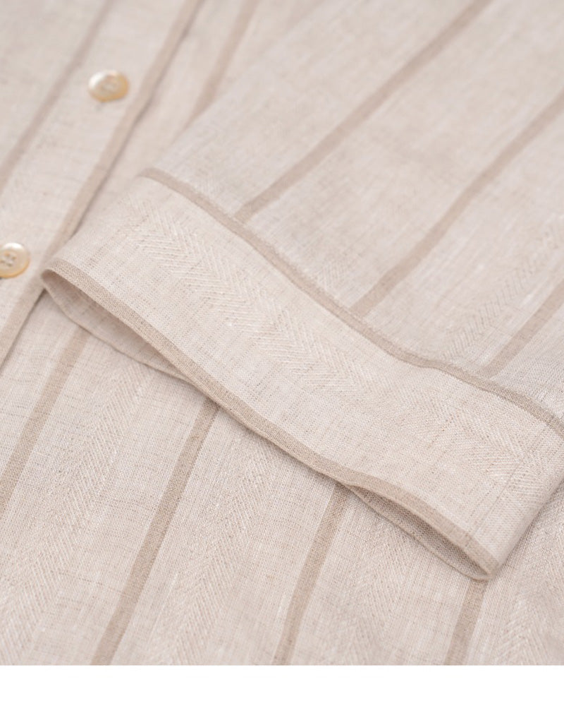 Dew-Retted Linen Striped 3/4 Sleeve Relaxed Blouse Suitpure