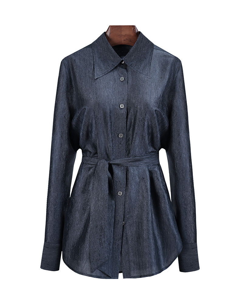 Navy Blouse with Self-Tie Ribbon Detail