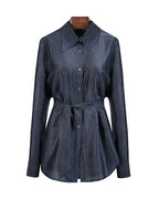 Navy Blouse with Self-Tie Ribbon Detail