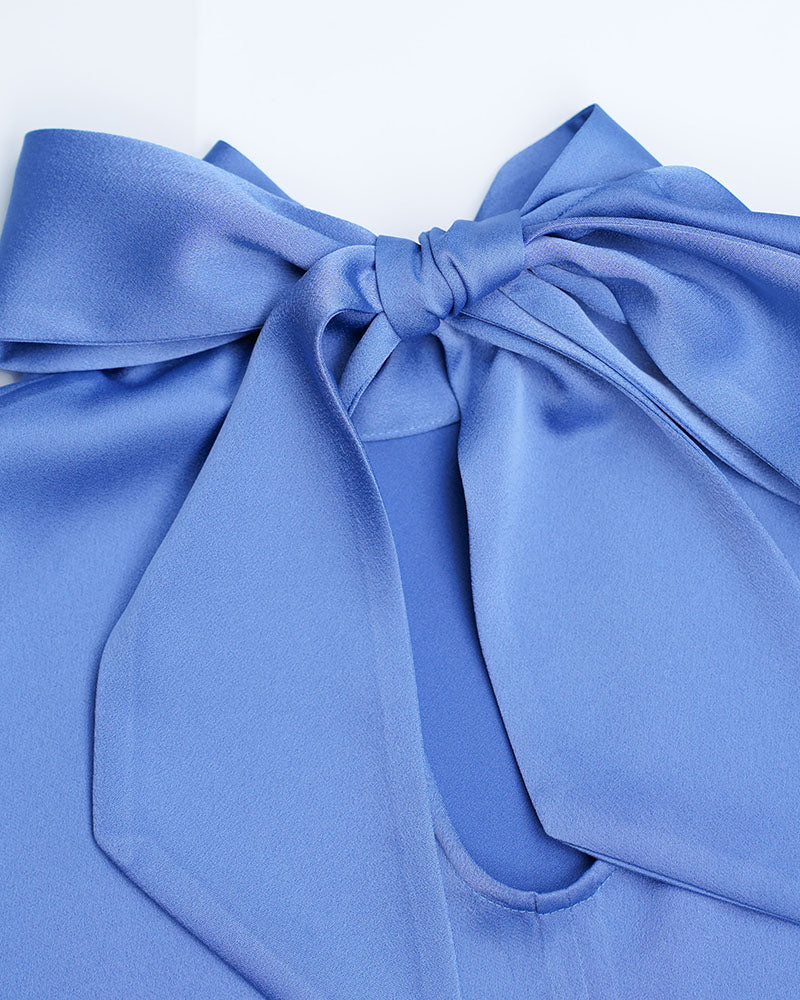 Blue Acetate Blend Tie Neck Satin Blouse