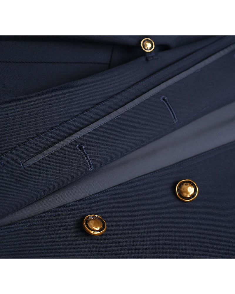 Navy 100% Wool Cavalry Twill Adjustable Waist Trench Coat| 100% Wool