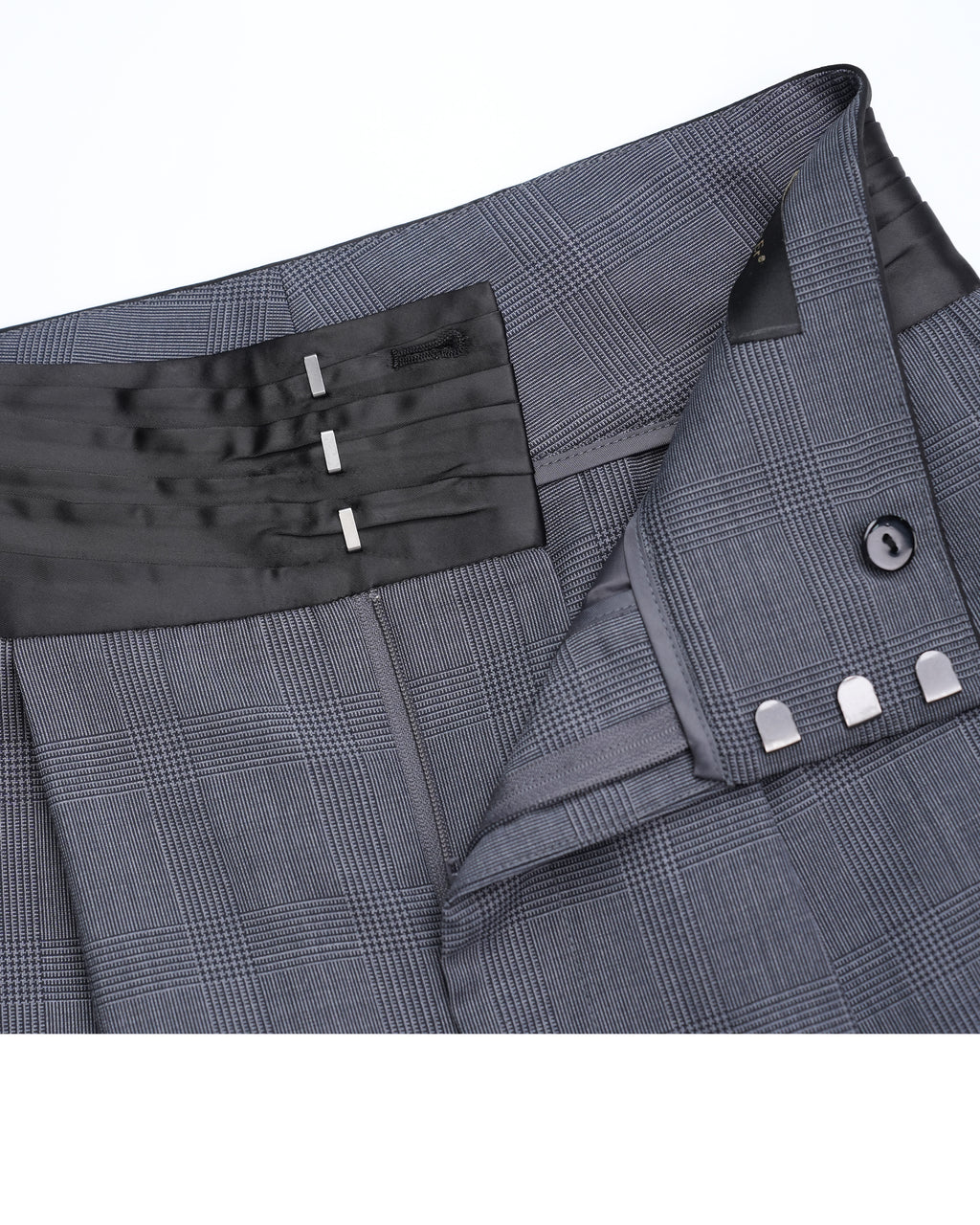 Dark Grey Prince of Wales Check Satin‑Trim Pleated Straight‑Leg Trousers | 100% Wool