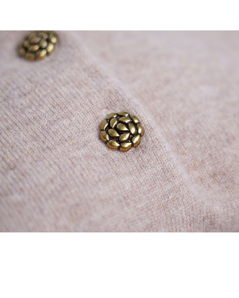 Praline Brown Knit Polo | Antique Gold Floral Buttons