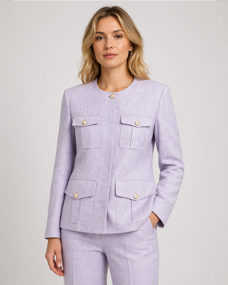 Crystal Purple Collarless Blazer | Patch Pockets Suitpure