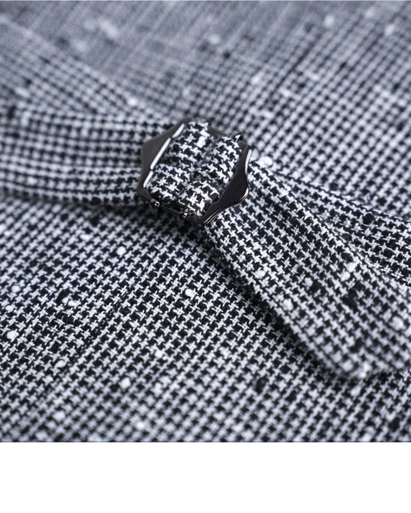 Black White Houndstooth Slub Linen Adjustable Vest Suitpure