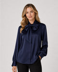 Navy Blue Draped Blouse with Self-Tie Bow Suitpure