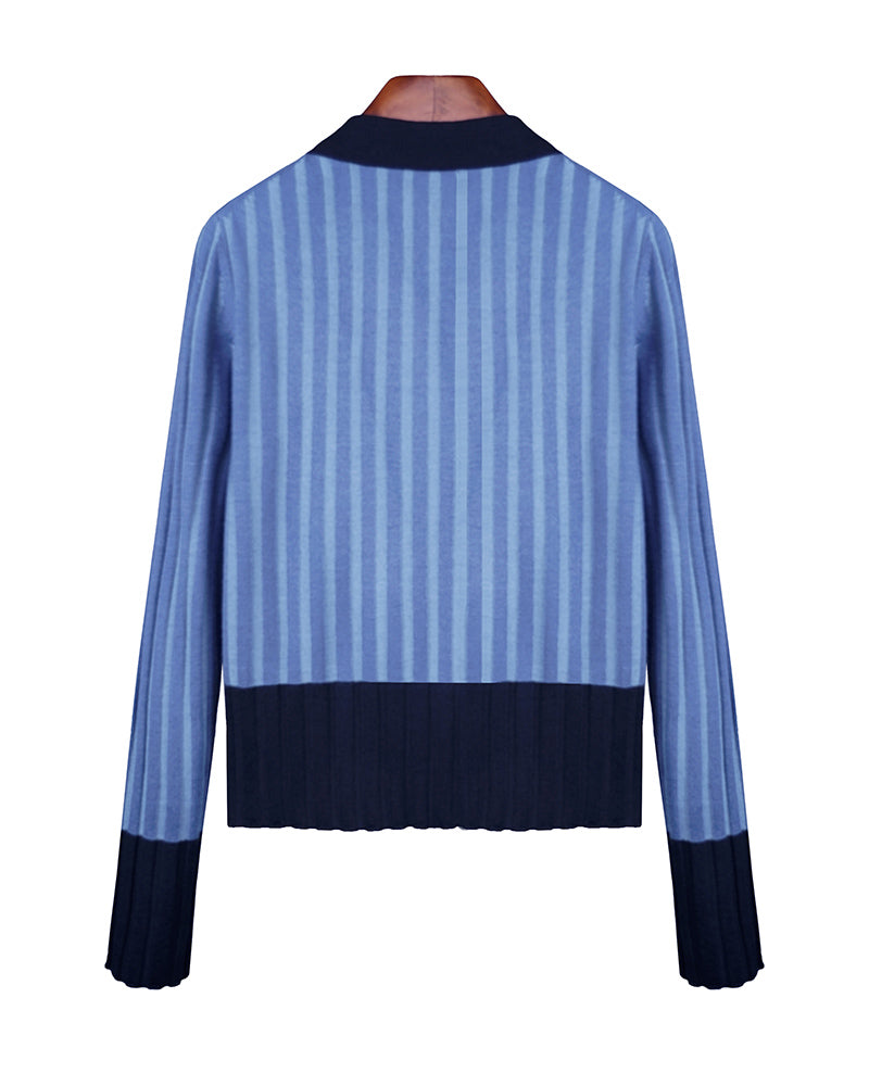 Vertical Stripe Color-Block Lapel Cardigan