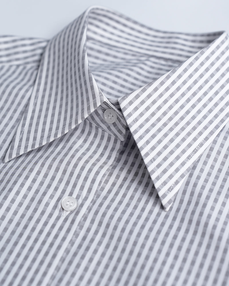 Simple Grey Plain Plaid Cropped Shirt with Gathered Hem