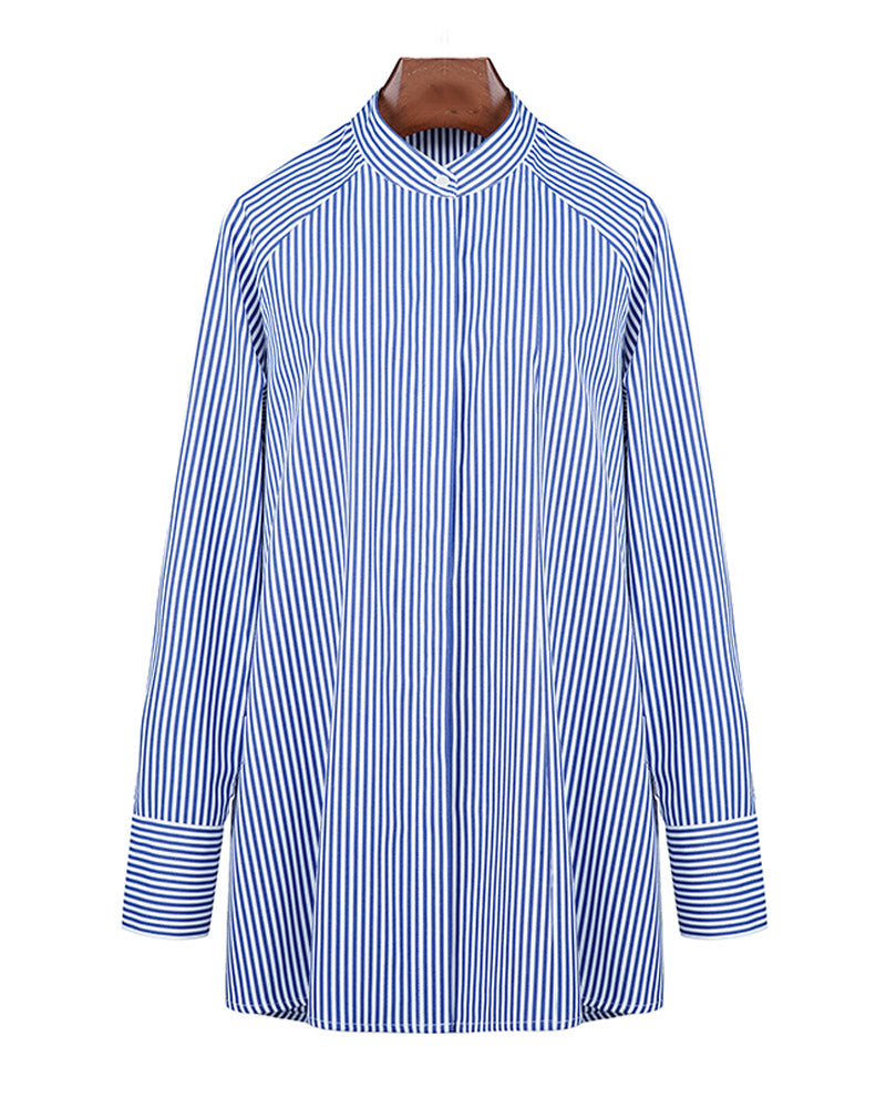 Blue and White Striped Mandarin Collar Shirt Jacket
