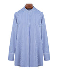 Blue and White Striped Mandarin Collar Shirt Jacket Suitpure