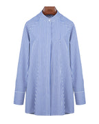Blue and White Striped Mandarin Collar Shirt Jacket