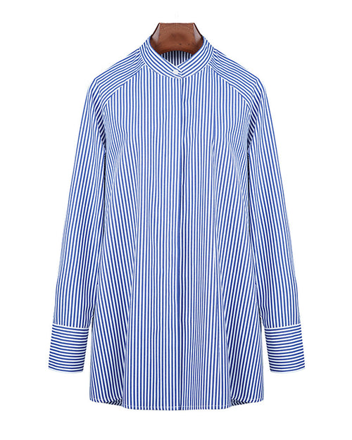 Blue and White Striped Mandarin Collar Shirt Jacket Suitpure